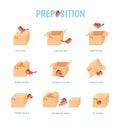 Bird preposition. Preschool education topologia, child grammar vocabulary english words around box prepositions place Royalty Free Stock Photo