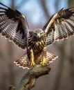 Bird of prey. Common buzzard landing on branch in wintertime forest. Royalty Free Stock Photo