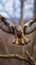 Bird of prey. Common buzzard landing on branch in wintertime forest. Royalty Free Stock Photo