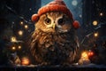 Bird of prey, Owl, wearing a Santa hat, perched in snow, Christmas decoration Royalty Free Stock Photo