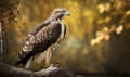 a bird of prey sitting on top of a tree branch in a forest with a blurry background of leaves and a fallen tree branch