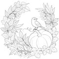 Bird on a pumpkin in a wreath of autumn leaves black and white vector illustration Royalty Free Stock Photo