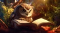 Owl reading book at home at night. Royalty Free Stock Photo