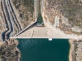 Bird`s eye aerial view of Cotter Dam wall & Cotter reservoir, a supply source of potable water for the city of Canberra Royalty Free Stock Photo