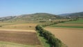 Bird's eye view of agricultural fields, agronomic industry. Aerial view