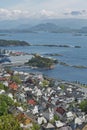 The bird`s eye view of Alesund port town on the west coast of Norway, at the entrance to the Geirangerfjord Royalty Free Stock Photo