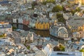 From the bird`s eye view of Alesund port town on the west coast of Norway, at the entrance to the Geirangerfjord. Colorful mornin Royalty Free Stock Photo