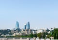 Bird`s eye view Azerbaijan, Baku with the Flame Towers skyscrapers, television tower and the seaside