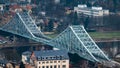 Bird`s eye view of the blue wonder, a more than 100 year old steel girder bridge over the Elbe river