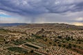 Bird`s-eye view of Cappadocia. There are cultivated agricultural fields in the valley. Royalty Free Stock Photo