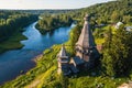 Bird`s eye view of the Church of St. Nicholas built 1696 in Soginicy village and Vazhinka river, Podporozhysky district.