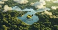 A Bird\'s Eye View of Dense Rainforests with Continent-Shaped Lakes, Cloud Formations, and a Small Yellow Aircraft