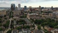 Bird`s eye view of Downtown Milwaukee Wisconsin.  Aerial of the skyline from the north side of the city. Cloudy morning, summer Royalty Free Stock Photo