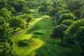 Bird's-eye view of an extensive golf course featuring multiple shades of green and perfect landscaping. AI generated