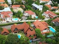 Bird's eye view of high class landed property estate with large beautiful houses and many private swimming pools Royalty Free Stock Photo