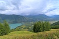 Bird`s eye view of Kanas Lake scenic area and the Altai Mountains, Xinjiang, China Royalty Free Stock Photo