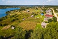 Bird`s eye view of Ladva village, green fields and Vepsian forest, the border Leningrad oblast Royalty Free Stock Photo