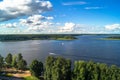 A bird`s eye view of lake Seliger on a clear summer day. Tver region. Royalty Free Stock Photo