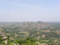 Bird`s eye view of landscape of green trees, fields and forest from top of mountain Royalty Free Stock Photo