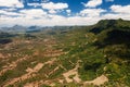 Bird`s-eye view of the mountains and fields of the island of Mauritius.Landscapes Of Mauritius