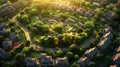 A bird\'s-eye view of a residential community that is lush with greenery demonstrating the seamless blend of urban living