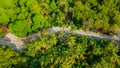 Bird\'s eye view of the road between trees of the tropical forest at the Landhoo island at Noonu atoll Royalty Free Stock Photo
