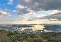 Bird`s-eye view of the Sasebo shipyard with the Kujukushima islands off coasts in background at sunset.