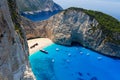 Bird`s eye view of Shipwreck bay and beach with tourist ships, Zakynthos, Greece