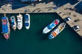 bird's eye view of yacht and fishing boats at Marina of the Greek island Simy Royalty Free Stock Photo