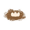 Bird`s Nest with easter eggs in cartoon style isolated on white background. Vector Royalty Free Stock Photo