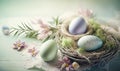 a bird\'s nest with eggs and flowers on a lace doily on a blue tablecloth with a white lace doily on it