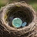 A bird\'s nest made of intertwined twigs houses a speckled, pale blue eggshell, Royalty Free Stock Photo