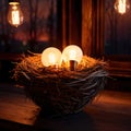 Bird\'s nest, nestegg of lightbulbs, showing storage and protection of ideas and creativity Royalty Free Stock Photo