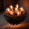 Bird\'s nest, nestegg of lightbulbs, showing storage and protection of ideas and creativity Royalty Free Stock Photo