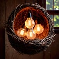 Bird\'s nest, nestegg of lightbulbs, showing storage and protection of ideas and creativity Royalty Free Stock Photo