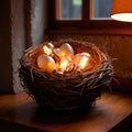 Bird\'s nest, nestegg of lightbulbs, showing storage and protection of ideas and creativity