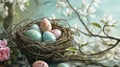 a bird's nest with pastel colored eggs and blooming flowers in the background Royalty Free Stock Photo