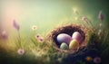 a bird\'s nest with three eggs in the grass and daisies in the foreground, with a green sky and flowers in the background Royalty Free Stock Photo