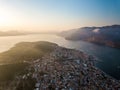 Bird\'s view of beautiful coastal city Argostoli, the capital of Kefalonia island during sunset