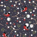 Bird Seamless Pattern. Bullfinch birds on a dark background