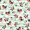 Bird Seamless Pattern. Bullfinch birds on a modern teal background with red berries of rowan and brier. Winter/Merry Christmas
