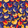 Bird seamless pattern vector illustration, cartoon style cute birdies on blue background for fabric print design