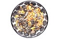 Bird seeds. Close-up of a decorative bowl with black sunflower seeds and other seed and nuts for feeding wild birds. Animal Royalty Free Stock Photo