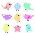 Bird set icon. Cute kawaii cartoon funny baby character. Birds collection. Decoration element. Pastel color sticker. Flat design. Royalty Free Stock Photo