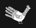 Bird shape made from hand palm and fingers, ornate sketch for your design. Royalty Free Stock Photo