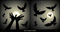 Set of vector illustration with silhouettes of hand gesture and flock of pigeons on moonlit night Royalty Free Stock Photo