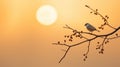 A bird sits on a branch at sunset, AI