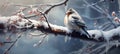 A bird sits on a snowy tree branch in winter