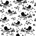 Bird sitting on a branch pattern, black stencil silhouette, Textile