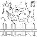 Bird sitting on a fence and singing. Vector black and white coloring page.